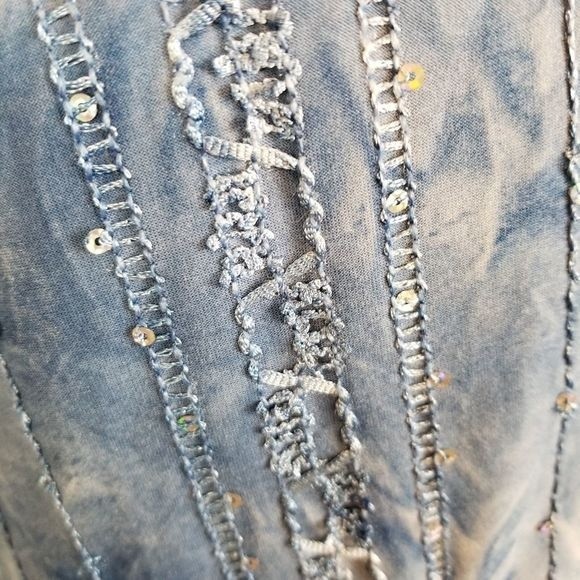 Shannon Ford NY Blue Sequin Split Sleeve Top Size Medium - Picture 6 of 9